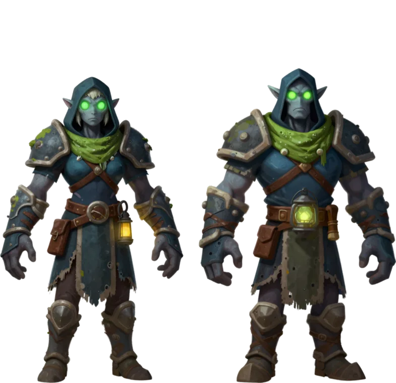 Concept art of a hooded Deepkin woman and man with glowing green eyes and lanterns.
