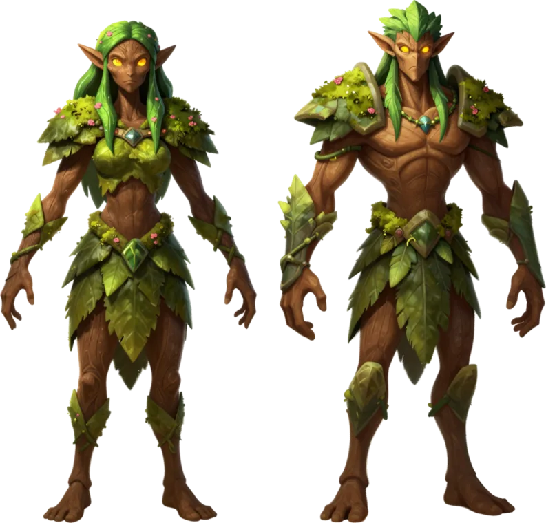 Concept art of a tall Rootfolk woman and man, bark-skinned and leaf-clad.